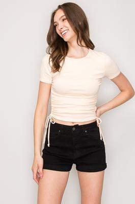 Ruched Side Tie Crew Neck Short Sleeve Knit Top