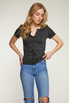 Buttoned Placket Front Short Sleeve Rib Knit Top