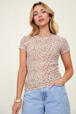Printed Thermal Crew Neck Short Sleeve Knit Top
