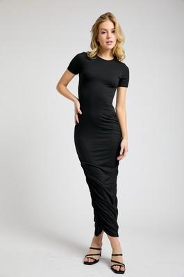 Scoop Neck Short Sleeves Ruched Knit Maxi Dress