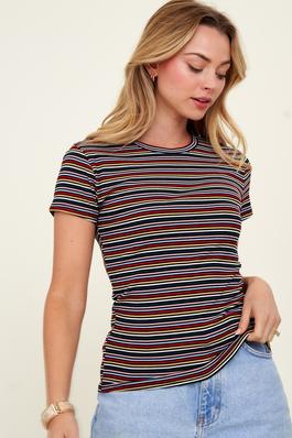 Crew Neck Striped Short Sleeve Causal Knit Top