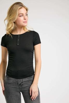 Buttoned Front Short Sleeve Rib Knit Tee
