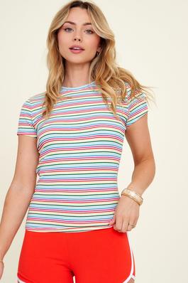 Crew Neck Striped Short Sleeve Causal Knit Top