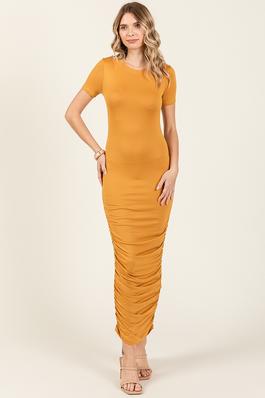 Scoop Neck Short Sleeves Ruched Knit Maxi Dress