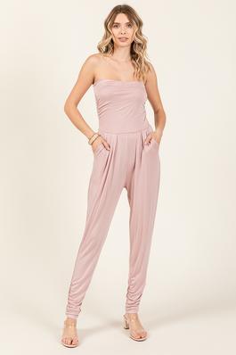 Strapless Tube Top Shirring Rayon Jesery Jumpsuit