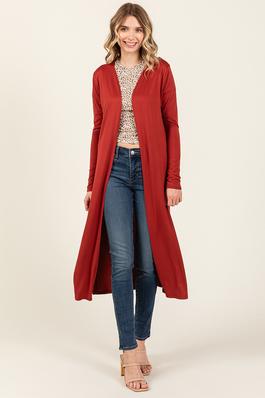 Solid Knee-Length Open Front Long Sleeve Cardigan