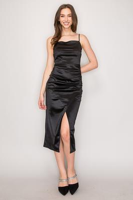 Sleeveless Ruched Cami Satin Wrap-Skirt Midi Dress