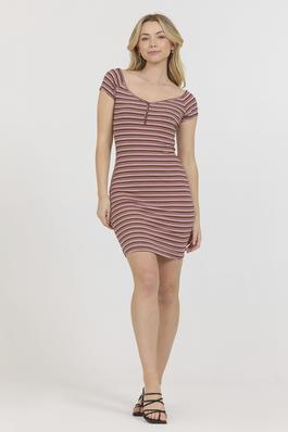 Striped Buttoned V Neck Short Sleeve Mini Dress