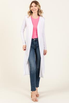 Solid Knee-Length Open Front Long Sleeve Cardigan
