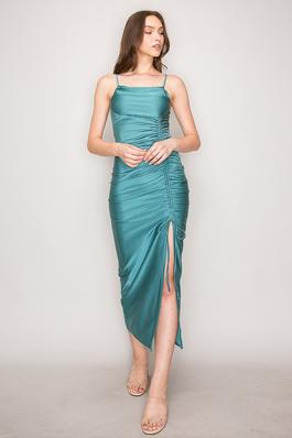 Sleeveless Drawstring Ruched Side Slit Maxi Dress
