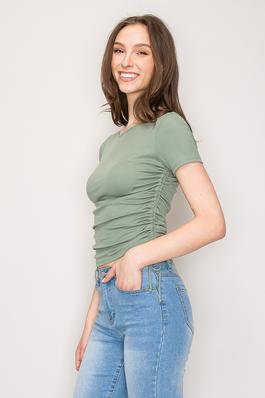 Ruched Side Tie Crew Neck Short Sleeve Knit Top