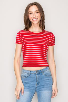 Basic Ribbed Striped Short Sleeve Crop Top