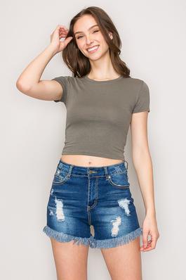 Short Sleeve Crew Neck Cotton Knit Cropped Top