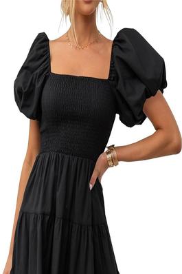 Solid Color Bubble Sleeve Pleated Dress