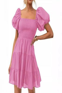 Solid Color Bubble Sleeve Pleated Dress