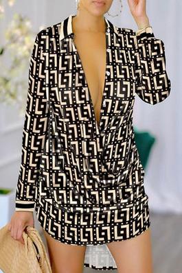 High-Low Long Sleeves Geometric Printed Lapel Mini Dresses Shirt Dress