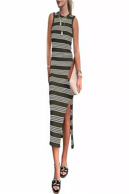 Sleeveless Hollow Knit Side Slit Striped Maxi Dress