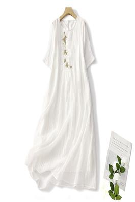 Retro Casual Loose Round Neck Short Sleeve Embroidery Double-Layer A-Line Maxi Dress