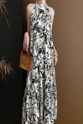 Watercolor Painting Floral Print Sleeveless Halter Dress