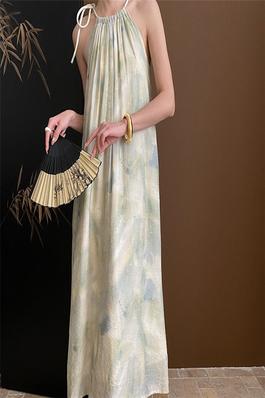 Chinese Style Oil Painting Gradient Drawstring Halterneck Dress