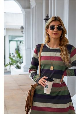 Casual High-Waisted Round Neck Striped Mini Dress