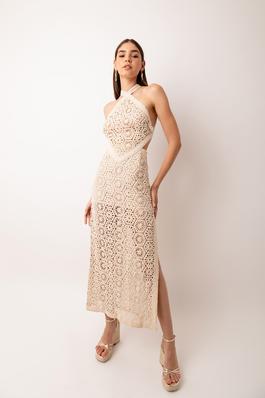 Tuscany Crochet Lace Cut Out Halter Maxi Dress
