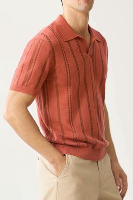 Short Sleeve V Neck Striped Knit Polo Shirt