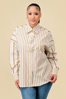 STRIPED BUTTON DOWN SHIRT WITH FLOWER PINS