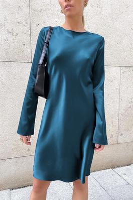 Solid Colour Pullover Round Neck High Waist Long Sleeve Dress