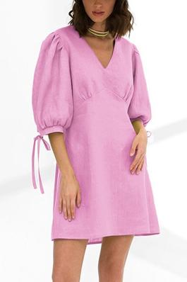 Solid Colour Bubble Sleeve High Waist A-line Dress
