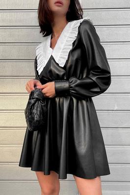 Doll Neck Long Sleeve Faux Leather Dress