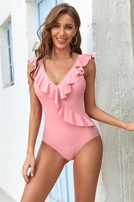 Ruffle V-Neck Solid One-Piece Swimsuit