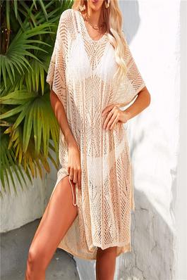 Solid Color V Neck Short Sleeves Loose Crochet Beach Knitted Cover-Ups Dress
