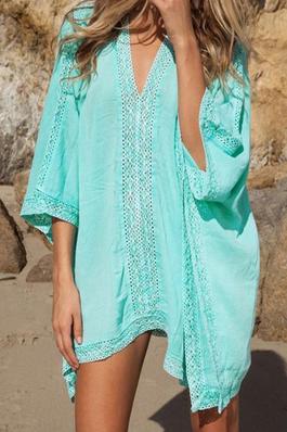 Solid Color Lace Patchwork Loose Batwing Sleeves Cover-Ups Mini Dresses