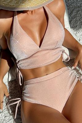 Padded Bandage Drawstring Sequined Solid Color Halter-Neck Bikini Swimsuit