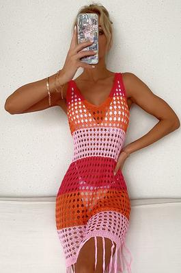 V-Neck Hollow Tassles Mini Dress Cover-Ups Swimsuit