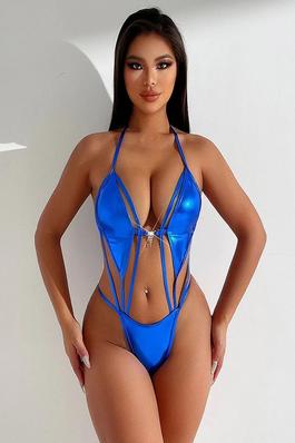 Padded Backless Bandage Hollow Solid Color Halter-Neck One-Piece Swimwear