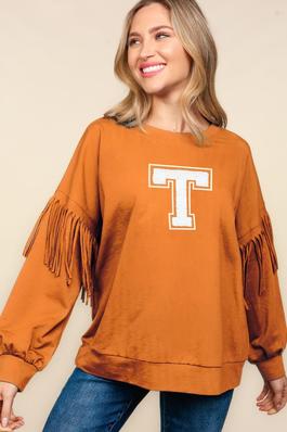 PLUS EMBROIDERY LETTER WITH FRINGE PULLOVER TOP