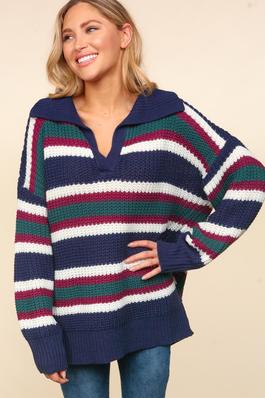 COLLARED COLOR BLOCK SHIRTS SWEATER TOP