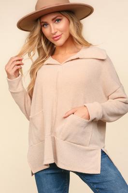 COLLARED NOTCH NECK OVERSIZED SWEATER KNIT TO
