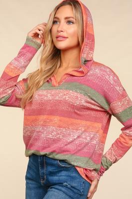 MULTI COLOR STRIPE PULLOVER TOP WITH HOODIE