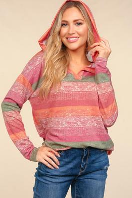 PLUS MULTI COLOR STRIPE PULLOVER TOP WITH HOODIE