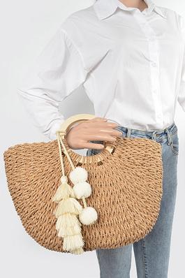 Woven Cotton Wood Handle Tote Bag