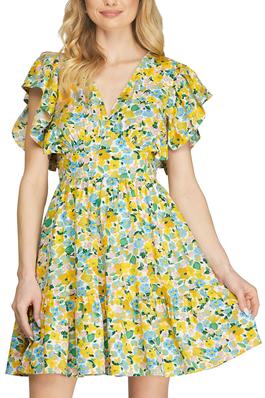 RUFFLE SLV SMOCKED TIERED FLORAL PRINT DRESS