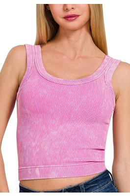 Stone washed ribbed seamless top with bra pad
