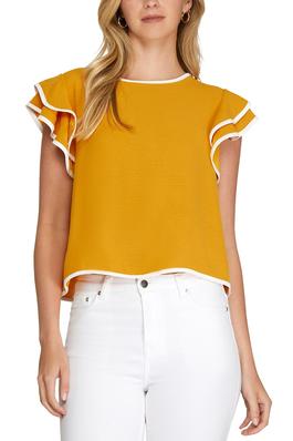 GAME DAY RUFFLE SLEEVE CONTRAST PIPING TOP