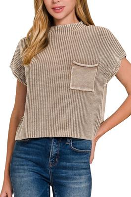 Washed mock neck short sleeve cropped sweater