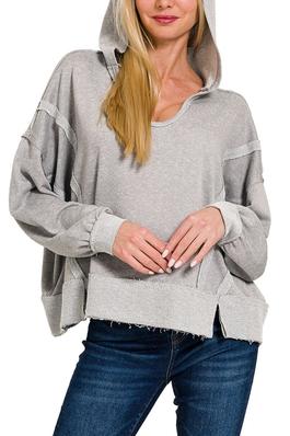 Contrast trim top-stitching slit raw hem hoodie