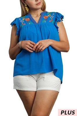 PLUS LINEN EMBROIDERY BOXY CUT TOP W RUFFLE SLVES