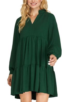 LONG SLEEVE WOVEN NOTCHED NECK TIERED DRESS